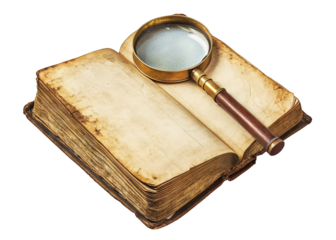 Open vintage book with magnifying glass, isolated on transparent cutout background