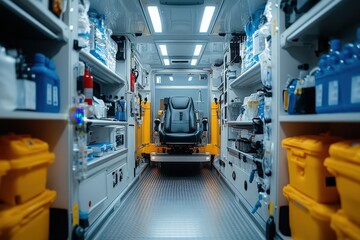 Close-up View of Essential Medical Equipment and Supplies Inside a Modern Ambulance Showcasing Advanced Life Support Tools and Emergency Readiness