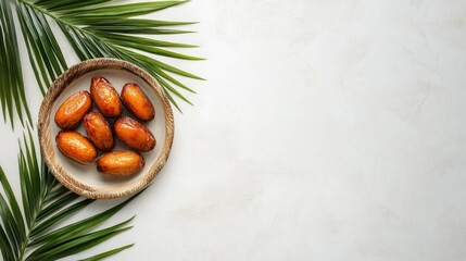 Fresh Dates with Tropical Vibes Dates in a Bowl with Palm Leaves A Natural and Tropical Presentation on white background