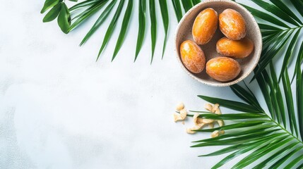 Fresh Dates with Tropical Vibes Dates in a Bowl with Palm Leaves A Natural and Tropical Presentation on white background