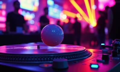 Colorful DJ setup with floating orb