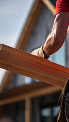 Muscular arm holding a heavy wooden plank, veins visible, with blurred house frame in background.