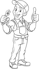 A handyman, mechanic, plumber or other construction cartoon mascot man holding a wrench or spanner tool.