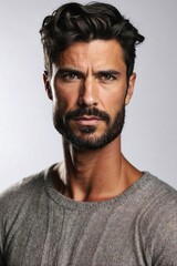 Obraz premium Close-Up of an Attractive Brunette Man in a Sweater: Strength and Muscles Against a White Background