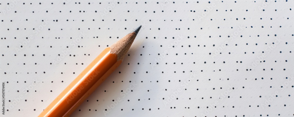 Poster sharpened orange pencil is lying diagonally on a white surface covered with a grid of tiny black dot