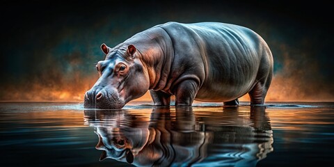 Monochromatic Hippopotamus Submerged: Underwater Reflection Stock Photo
