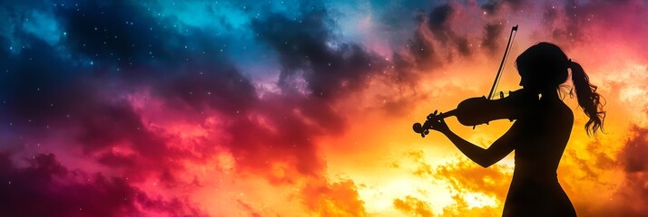 Fototapeta premium Violinist silhouette against a dramatic colorful sky.
