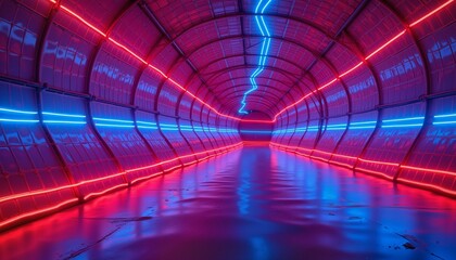 Abstract neon light tunnel pulsating with color, immersive experience
