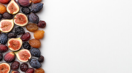 Obraz premium Overhead view of dried fruit medley, including figs, dates, and raisins, on a minimalist white