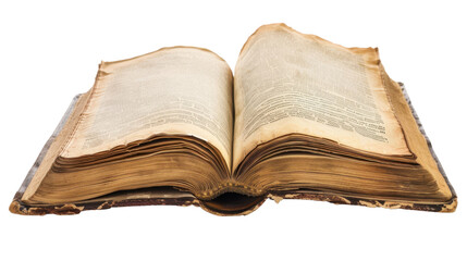 Obraz premium Open antique book showing text and brittle pages on transparent background