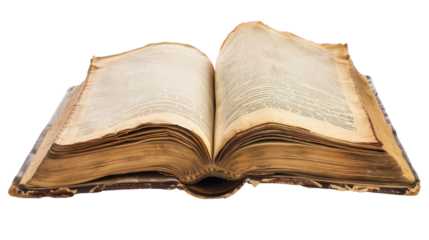 Open antique book showing text and brittle pages on transparent background