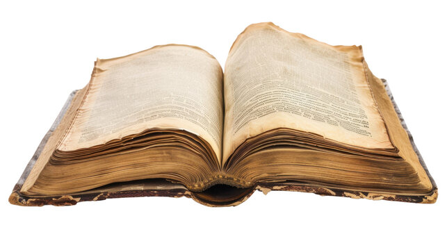 Open antique book showing text and brittle pages on transparent background - Powered by Adobe