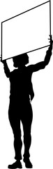 Protestor or demonstrator at a demonstration march, picket line or strike protest rally in silhouette. Holding up a banner or picket sign board placard.
