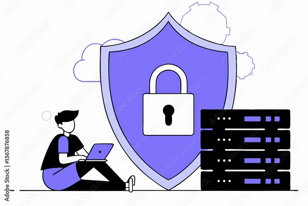 Poster a person sits with a laptop beside a server stack, shielded by a padlock symbolizing cybersecurity a