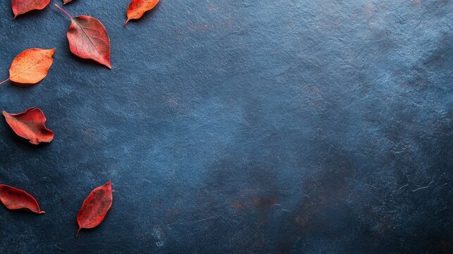 Textured blue slate surface features vibrant red and orange autumn leaves scattered around a central blank space, ideal for seasonal designs and compositions