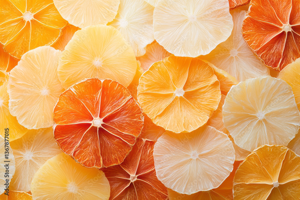 Aufkleber dried mango slices and pineapple pieces arranged in visually appealing patterns, tropical theme,