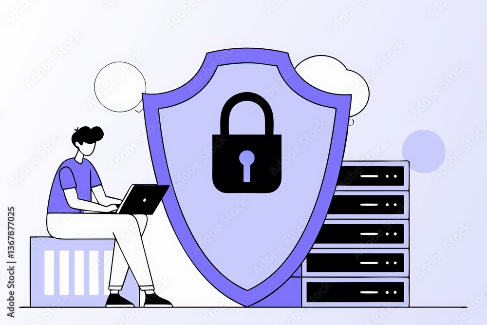 Poster a digital illustration of a person working on a laptop, surrounded by servers and a shield icon repr
