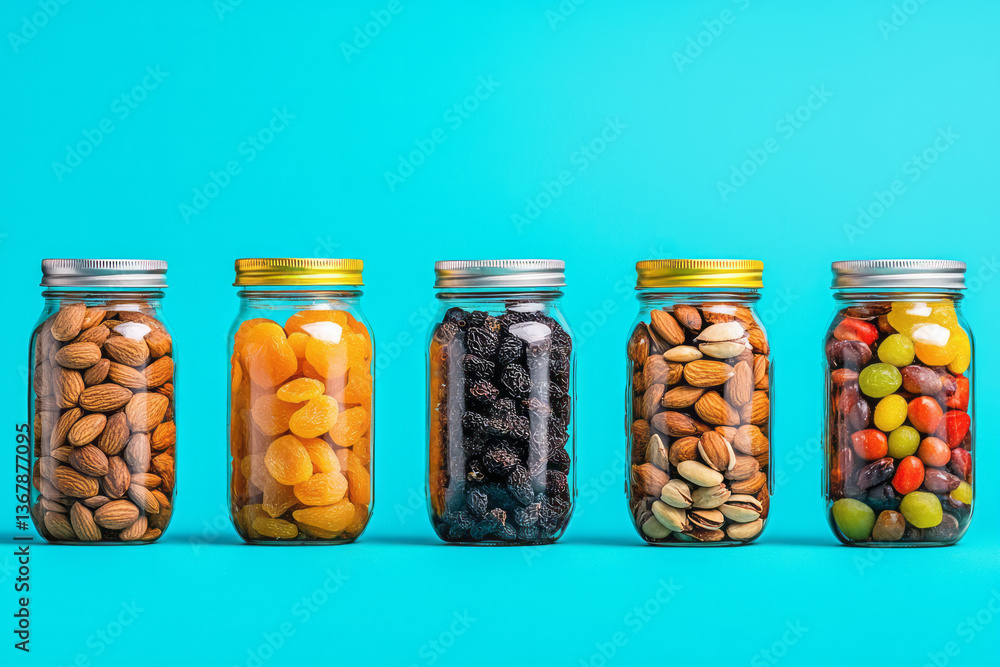 Aufkleber dried fruits and nuts in jars, visually highlighting a nutritious snacking concept,