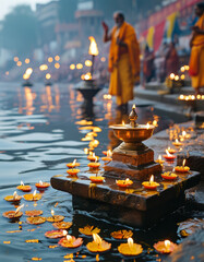 Diwali product display podium background, Ganges Aarti Glow, Ganges River, floating diyas, devotees, Ganga Aarti, priests in saffron robes, large brass lamps, golden glow, flames, spiritual scene, ad
