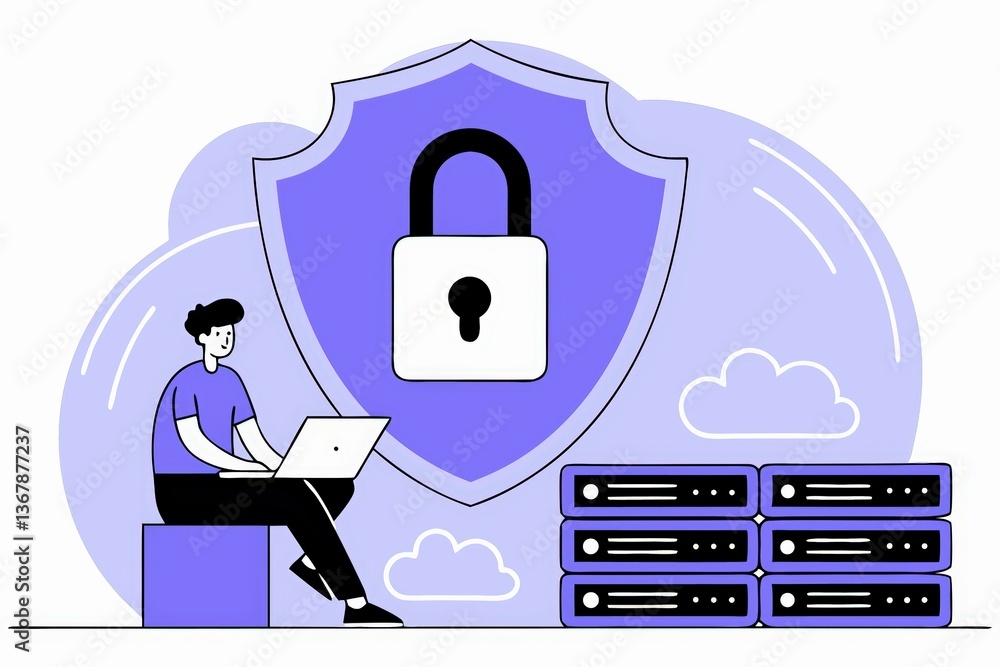 Aufkleber a person sitting at a laptop in front of a shield symbolizing cybersecurity and data protection with