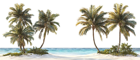 Tropical beach with palm trees and ocean view, isolated on transparent cutout background