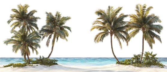 Tropical beach with palm trees and ocean view, isolated on transparent cutout background