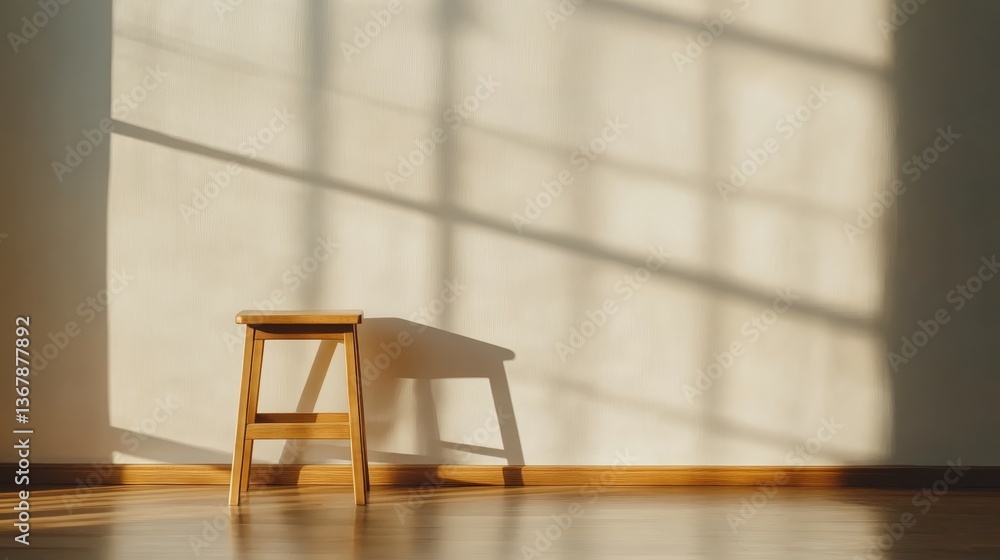 Aufkleber golden hour light streams through, illuminating a wooden step stool positioned against a textured cr