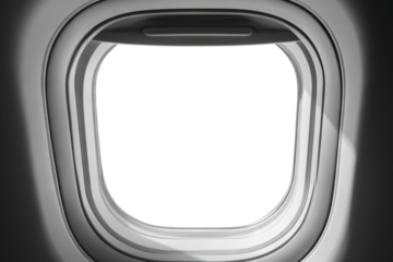 Airplane window frame with blank view, isolated on transparent cutout background