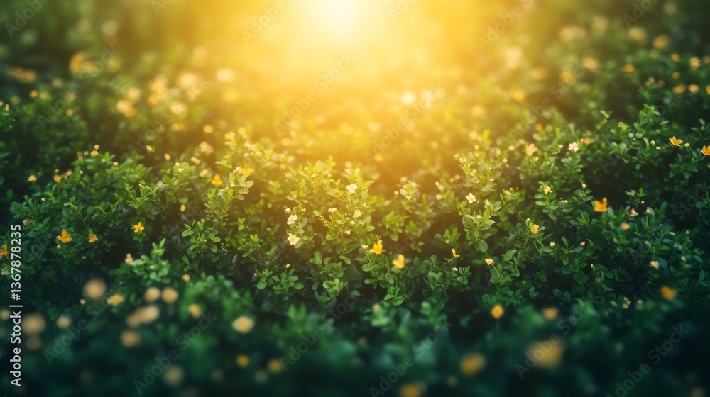 Poster sunlight enhances the textures of a verdant field filled with colorful wildflowers, creating a peace