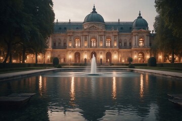 Fototapeta premium Magnificent Large Palace with a Fountain in Front, Surrounded by a Picturesque Park and Beautiful Lighting, Creating a Romantic Atmosphere