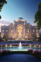 Magnificent Large Palace with a Fountain in Front, Surrounded by a Picturesque Park and Beautiful Lighting, Creating a Romantic Atmosphere