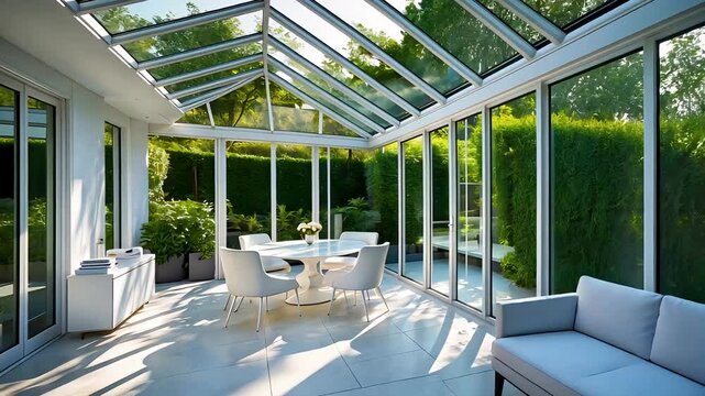 Modern bright sunroom with glass walls, white furniture and green garden view