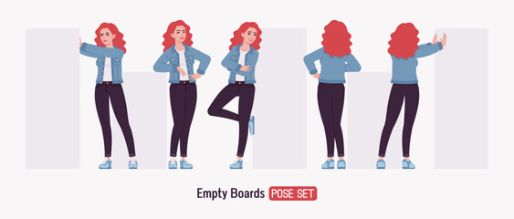 Woman, dyed red hair, denim jacket white board pose set. Attractive bright female in trendy everyday sport shoes, comfortable jeans for relaxed city life style. Vector flat style cartoon illustration