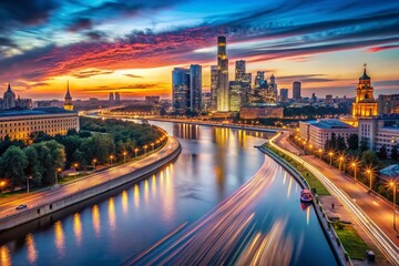Moscow City Skyline Aerial Long Exposure Panorama: River, Bridges & Historical Architecture