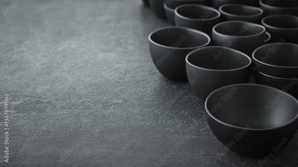Aufkleber a minimalist arrangement features matte black ceramic bowls and cups positioned on a slate gray surf