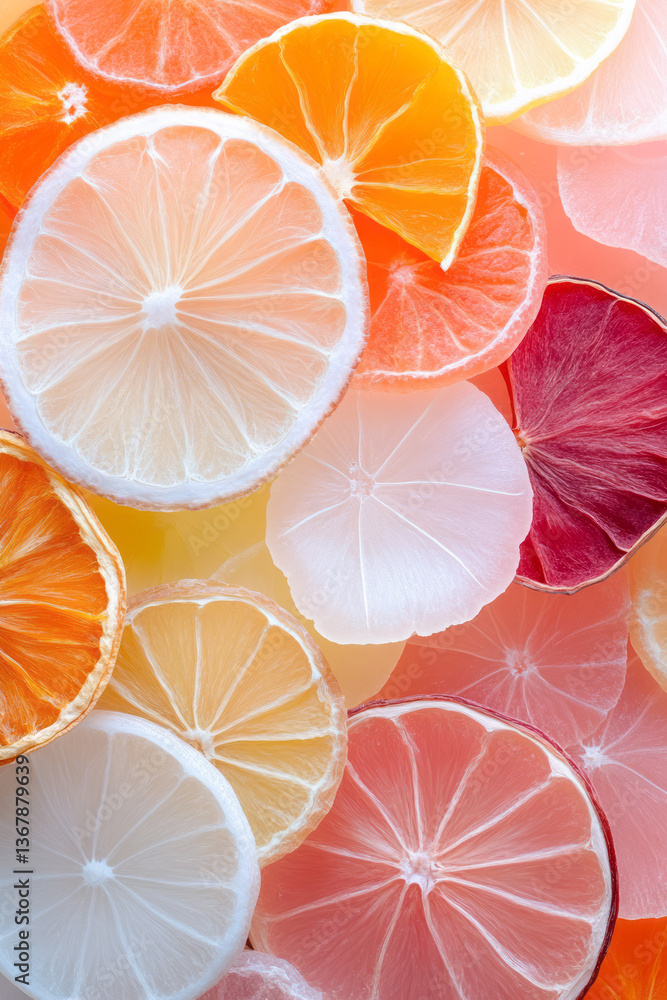 Poster bright and airy image capturing a colorful medley of dried fruit slices arranged in circular