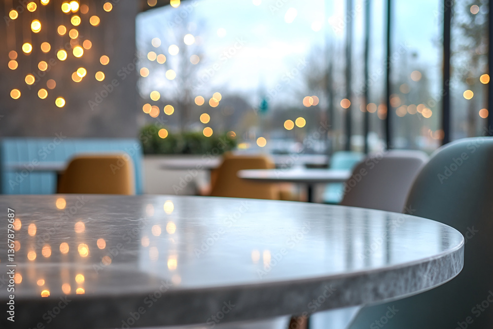 Poster close-up of smooth gray table surface reflecting blurred lights, showcasing a cafe interior with sof