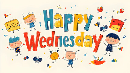 Fototapeta premium Happy Wednesday Illustration with Smiling Cartoon Characters and Playful Design