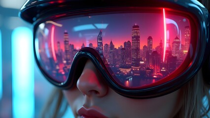 A futuristic visor reflecting a neon skyline in high detail