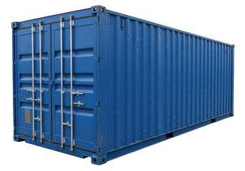 A standard shipping container painted in a slightly worn-out industrial blue color isolated on transparent background