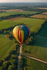 Obraz premium Hot Air Balloon Flight Over Green Flat Fields Filled with Bright Colorful Hues Creating a Picturesque Landscape