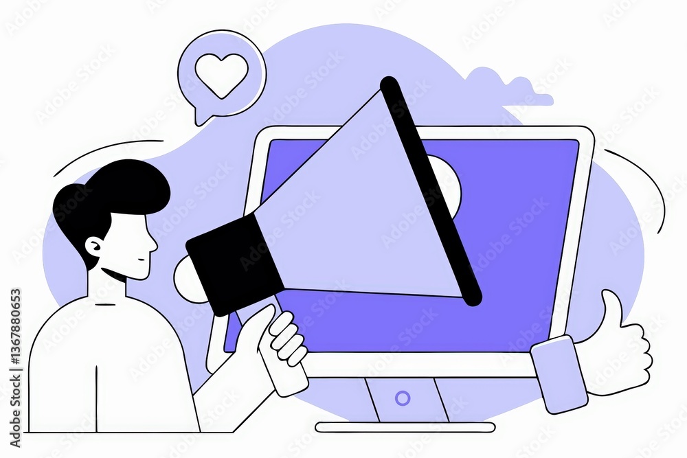 Aufkleber a person holding a megaphone speaks to a computer screen, conveying a message with visual elements l
