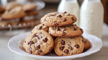 Fresh Chocolate Chip Cookies Stacked on Plate with Milk Bottles Behind