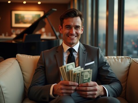 Fototapeta Hombre millonario contando dinero en un lujoso ático, vestido con un traje de diseñador, disfruta de una nueva riqueza