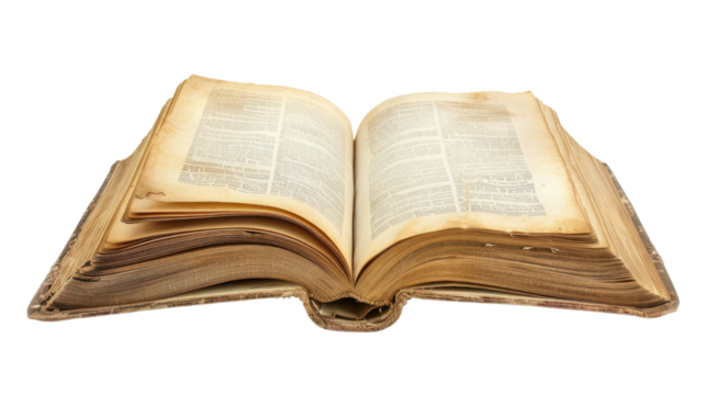 Open antique book showing text and transparent background