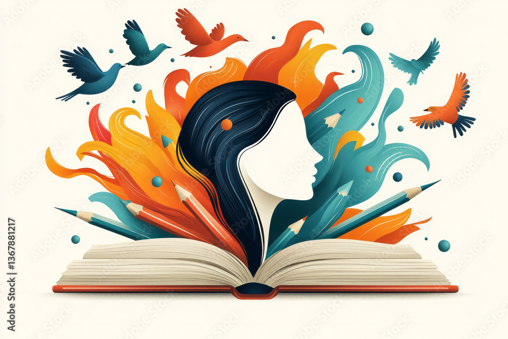Fototapete a visually engaging illustration with an open book whose blank pages rise and form the outline of a