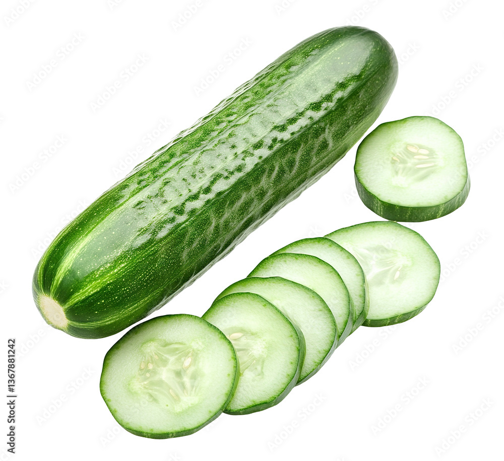 Poster fresh cucumber with sliced pieces, isolated on transparent cutout background