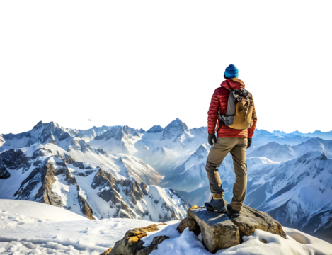 traveler with backpack on snowy mountain peak isolated on white background PNG. GENERATIVE AI