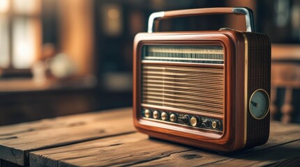 A classic vintage radio in a wooden case stands on a wooden table, creating an atmosphere of coziness and nostalgia. Soft, diffused light and a slightly blurred background.