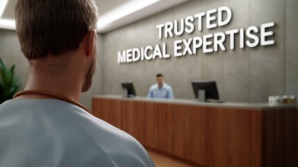 A male medical professional in a white coat stands in a modern clinic, focusing on a reception area.